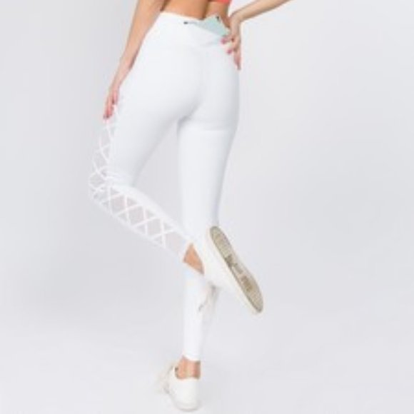 Active Lace-Up Mesh Side Workout Leggings - WHITE - Picture 4 of 5